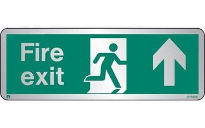STB436T - BRUSHED STAINLESS STEEL FIRE EXIT SIGN UP/FORWARDS WITH RADIUS CORNER