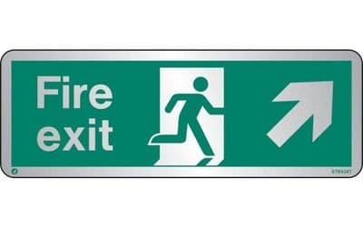 STB438T - BRUSHED STAINLESS STEEL FIRE EXIT SIGN UP TO THE RIGHT WITH RADIUS CORNER