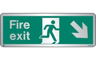 STB439T - BRUSHED STAINLESS STEEL FIRE EXIT SIGN DOWN TO THE RIGHT WITH RADIUS CORNER