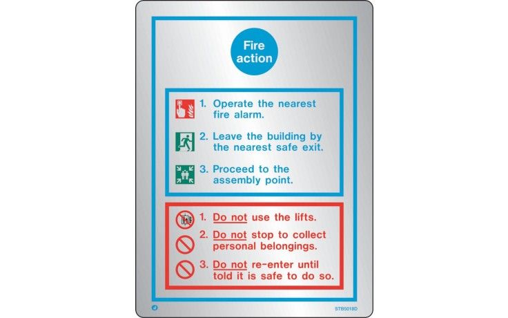STB5018D - BRUSHED STAINLESS STEEL GENERAL FIRE ACTION NOTICE WITH RADIUS CORNER. In case of fire si