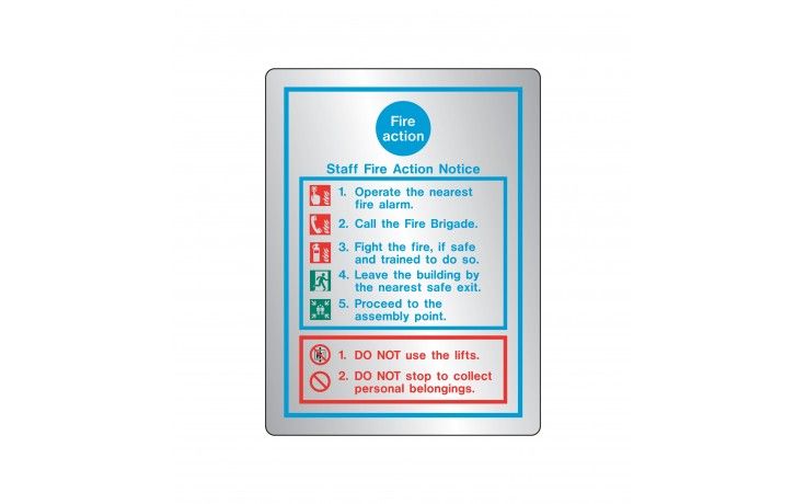 STB5479D - BRUSHED STAINLESS STEEL STAFF FIRE ACTION NOTICE WITH RADIUS CORNER. In case of fire si