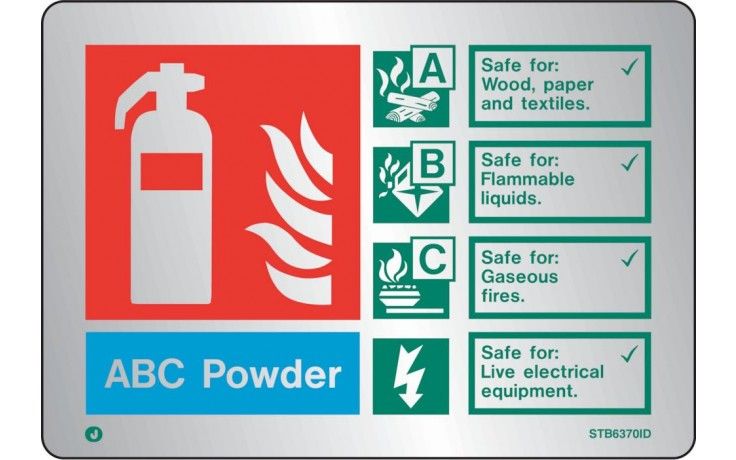STB6370ID - BRUSHED STAINLESS STEEL ABC POWDER EXTINGUISHER IDENTIFICATION SIGN WITH RADIUS CORNER. 