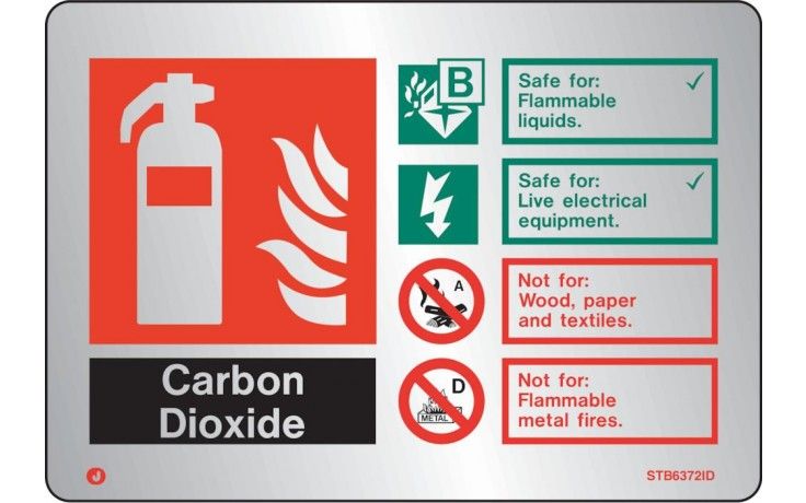 STB6372ID - BRUSHED STAINLESS STEEL CO2 EXTINGUISHER IDENTIFICATION SIGN WITH RADIUS CORNER. Fire ex