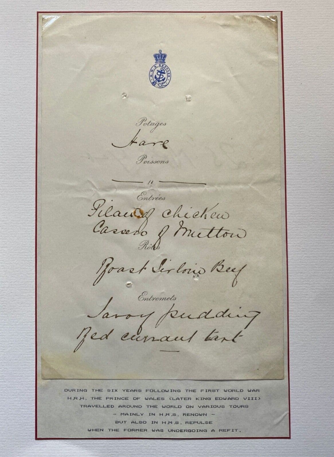 Antique Dinner Menu Prince of Wales Duke of Windsor King Edward VIII