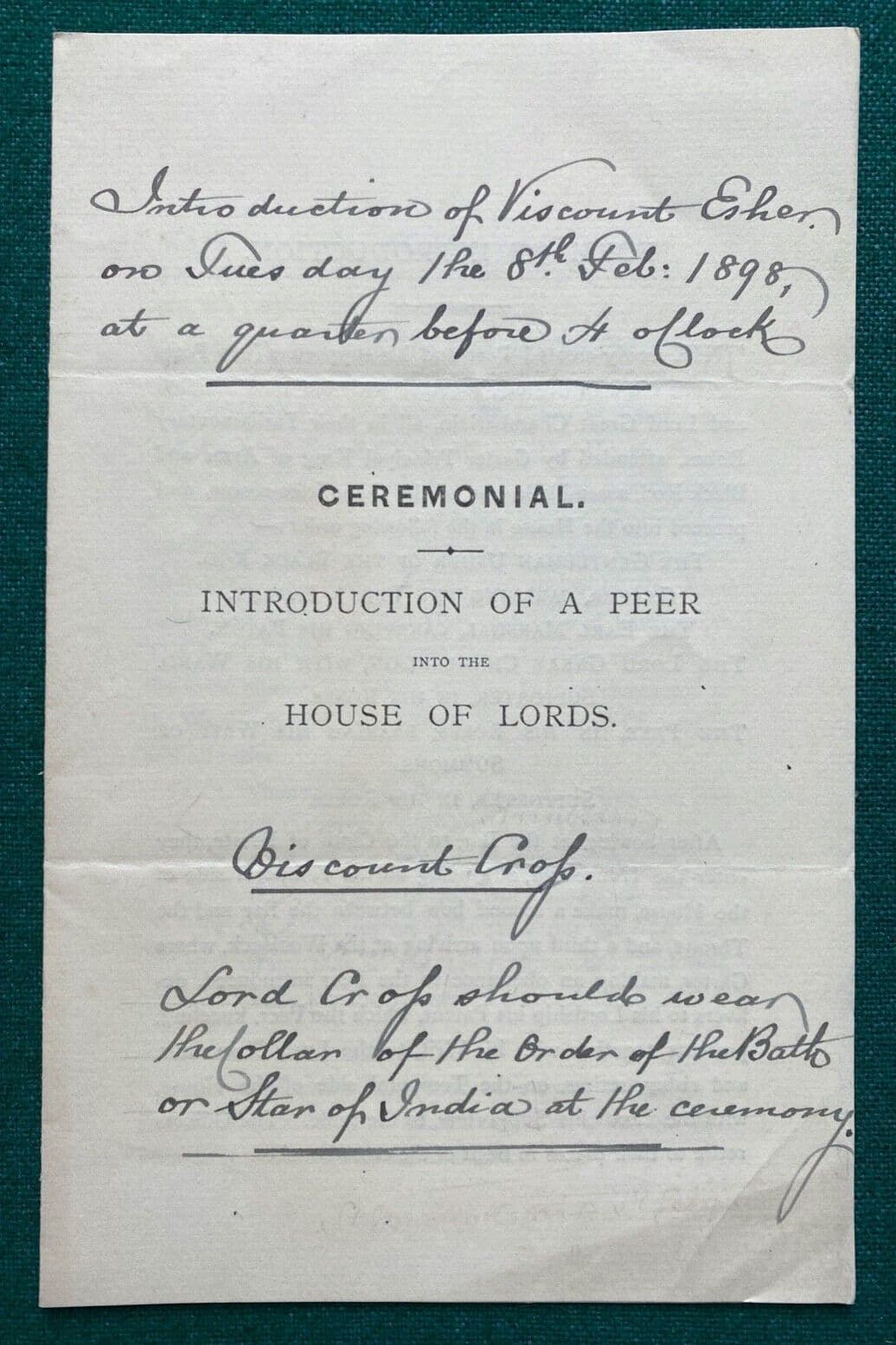 Antique House of Lords Ceremonial Introduction of a Peer Colville Esher