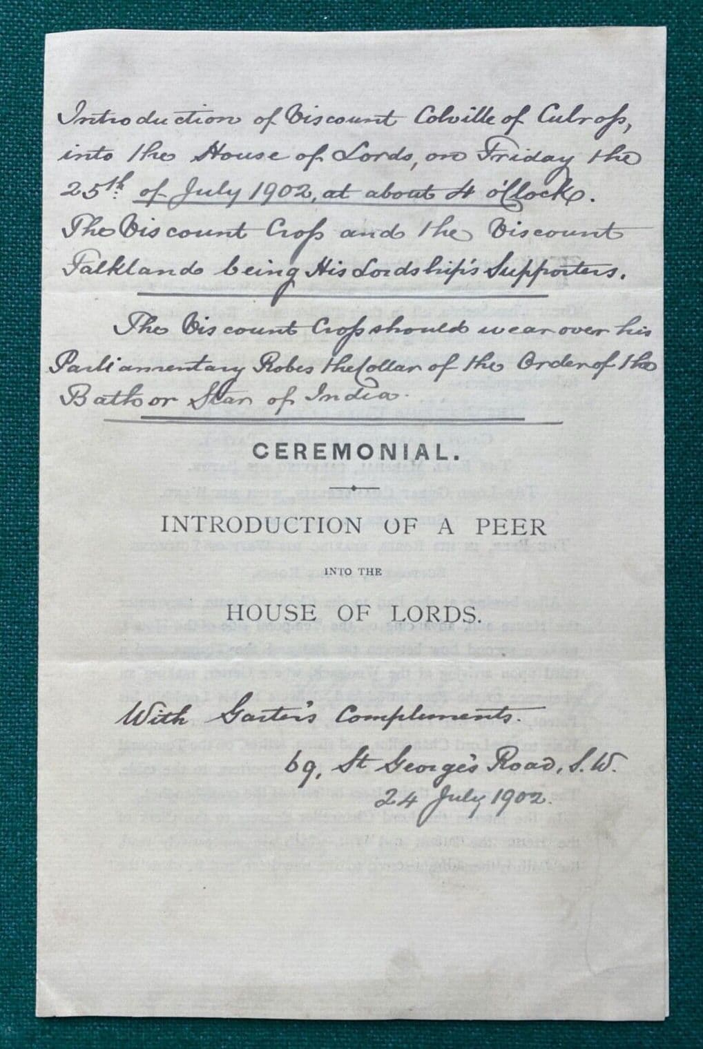 Antique House of Lords Ceremonial Introduction of a Peer Colville Esher