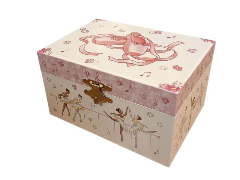 Childrens Musical Jewellery Box Dulcie 1325 with ballet slipper and ribbon design.