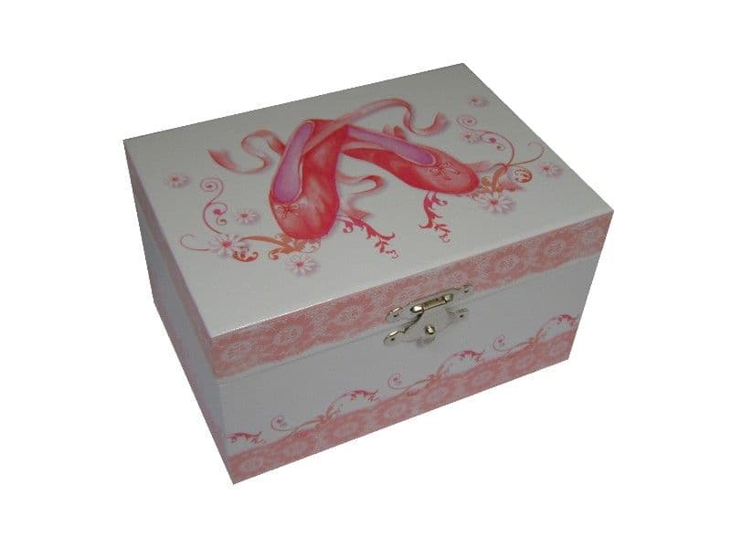 Childrens Musical Jewellery Box Dulcie 1325 with ballet slipper and ribbon design.