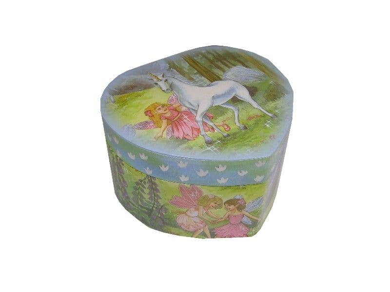 Heart shaped childrens musical jewellery Box with fairy figure and unicorn design which revolves to the music The Magic Flute.