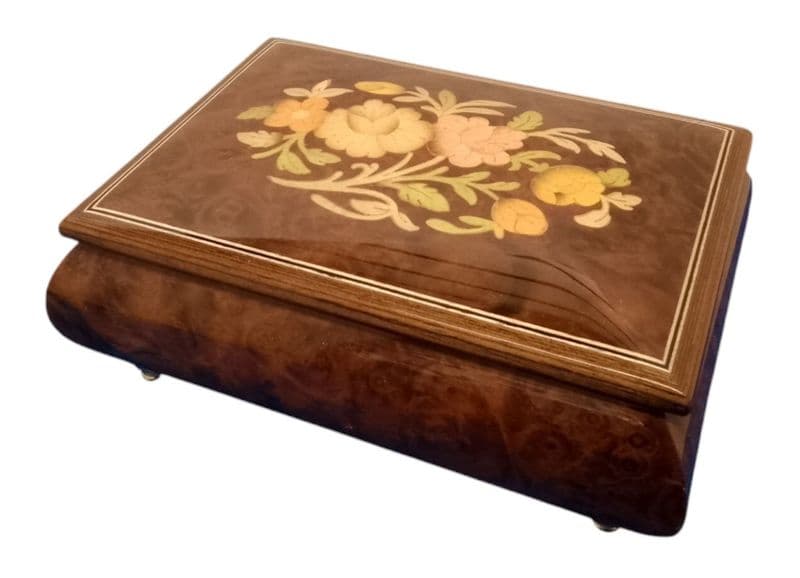 Italian Flower Inlay Musical Jewellery Box 46/7FC Walnut