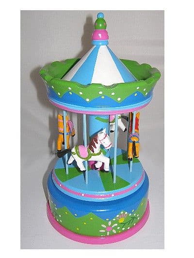 Large wooden hand painted carousel with musical box movement from The Music Box Shop