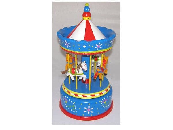 Large wooden hand painted carousel with musical box movement from The Music Box Shop