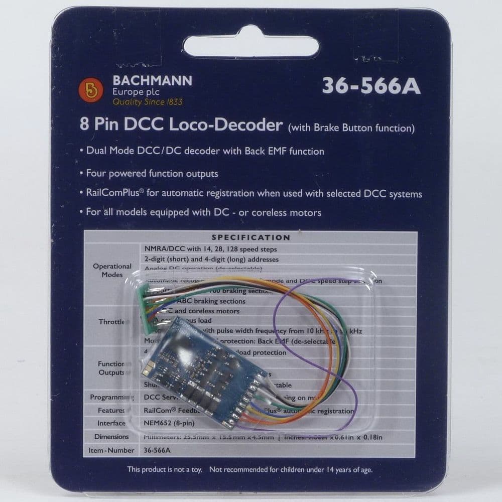 Bachmann 36-566A 8 Pin DCC Decoder with Brake Button