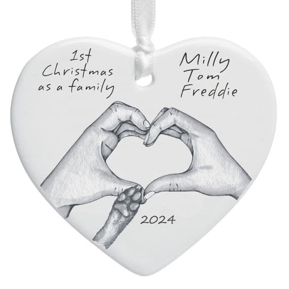 1st Christmas As A Family Tree Decoration – Heart Hands and Dog Paw Design – Ideal Gift