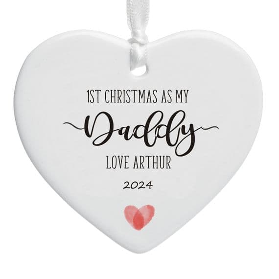 1st Christmas As My Daddy Heart Tree Decoration – Features Baby’s Name And Coloured Heart