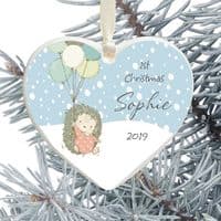 1st Christmas Ceramic Heart Tree Decoration - Hedgehog and Balloons Design