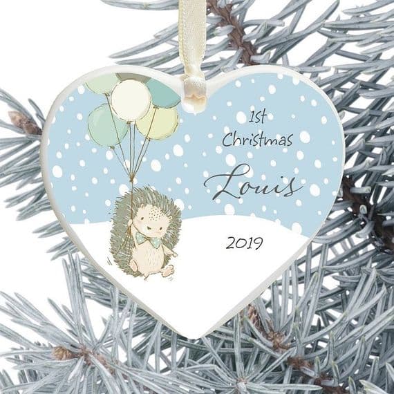 1st Christmas Ceramic Heart Tree Decoration - Hedgehog and Balloons Design