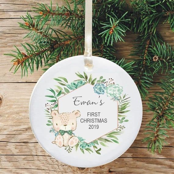 Baby Boy's 1st Christmas Ceramic Christmas Tree Decoration  - Cute Bear & Flowers Design