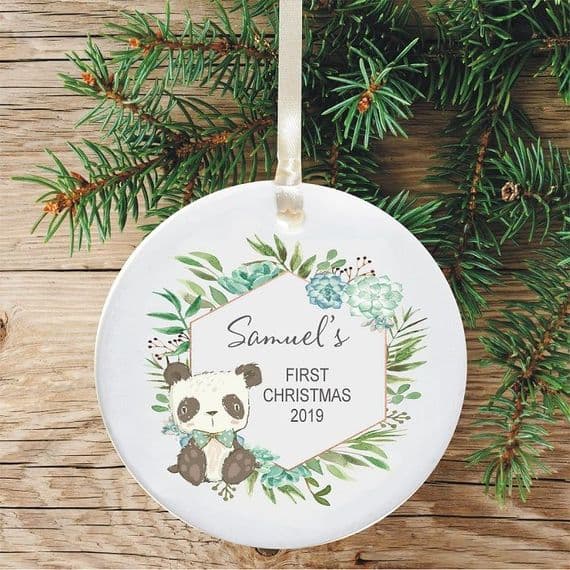 Baby Boy's 1st Christmas Ceramic Christmas Tree Decoration  - Cute Panda & Flowers Design