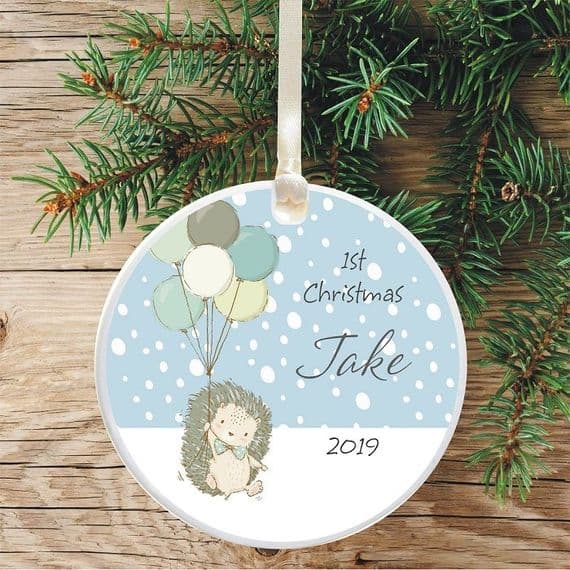 Baby Boy's 1st Christmas Ceramic Christmas Tree Decoration  - Hedgehog and Balloons Design