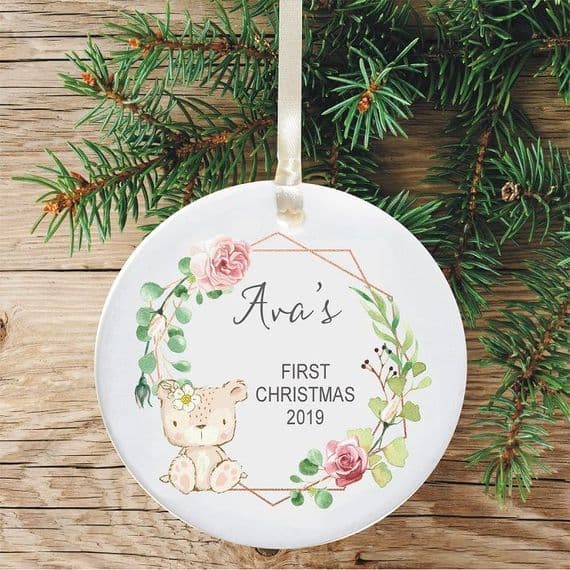 Baby Girl's 1st Christmas Ceramic Christmas Tree Decoration  - Cute Bear & Flowers Design