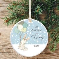 Baby's 1st Christmas Ceramic Christmas Tree Decoration  - Cute Bunny and Balloons Design