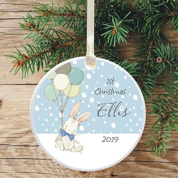 Baby's 1st Christmas Ceramic Christmas Tree Decoration  - Cute Bunny and Balloons Design