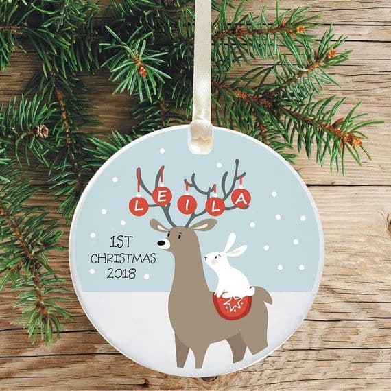 Ceramic Keepsake Baby's 1st Christmas Tree Decoration - Reindeer and Rabbit Design
