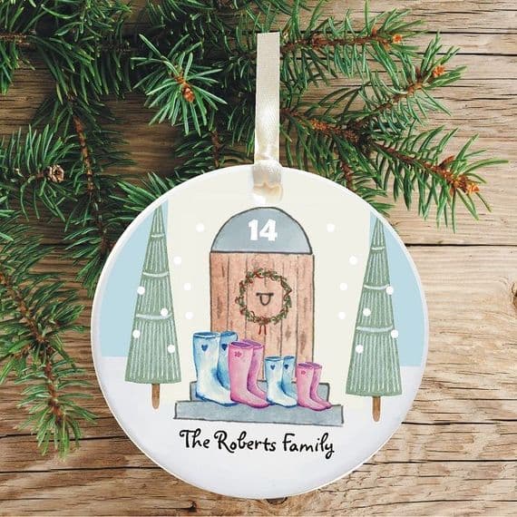 Ceramic Keepsake Boots Christmas Tree Decoration - Family House with Trees Design
