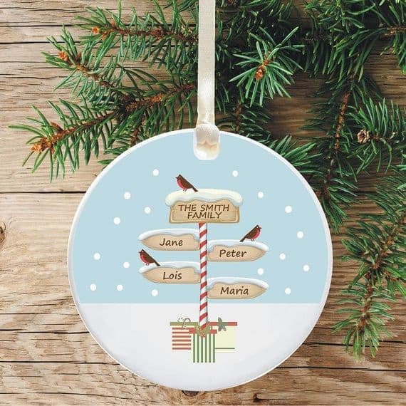 Ceramic Keepsake Personalised Family Christmas Tree Decoration - Signpost Design
