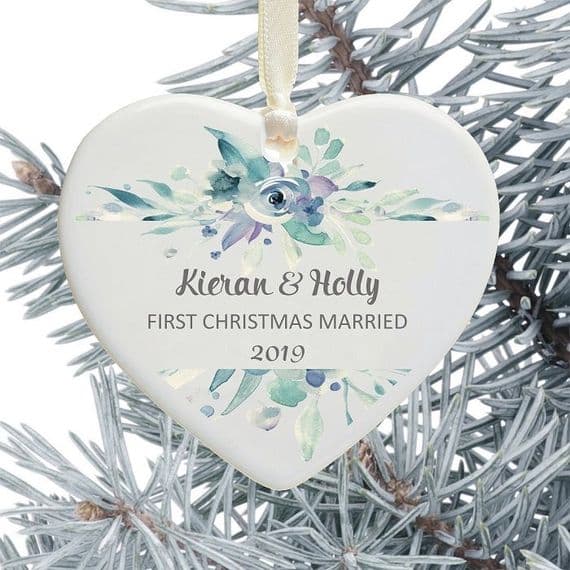 First Christmas Married Heart Christmas Tree Decoration - Blue Floral Design