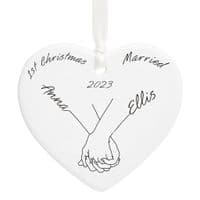 First Christmas Married Illustrated Hands Personalised With Names Christmas Tree Decoration