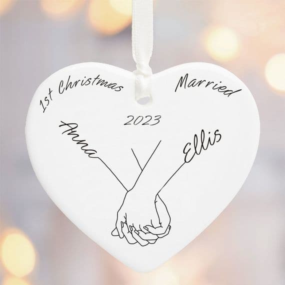 First Christmas Married Illustrated Hands Personalised With Names Christmas Tree Decoration