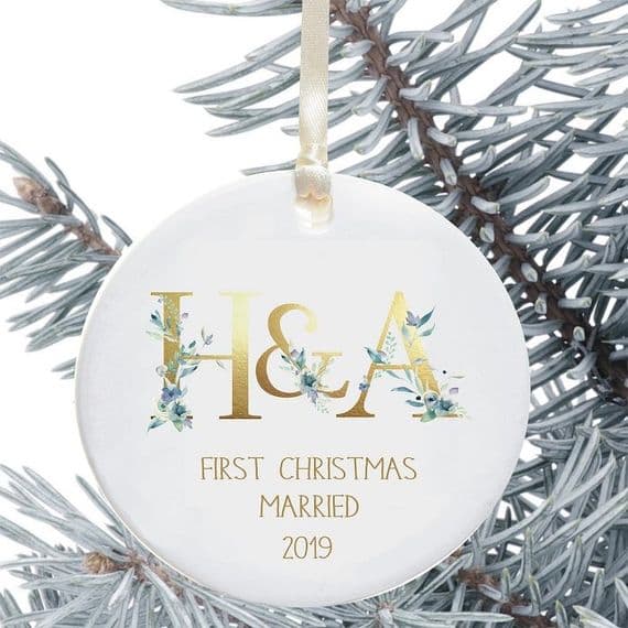 First Christmas Married Keepsake Decoration - Floral Initials Design