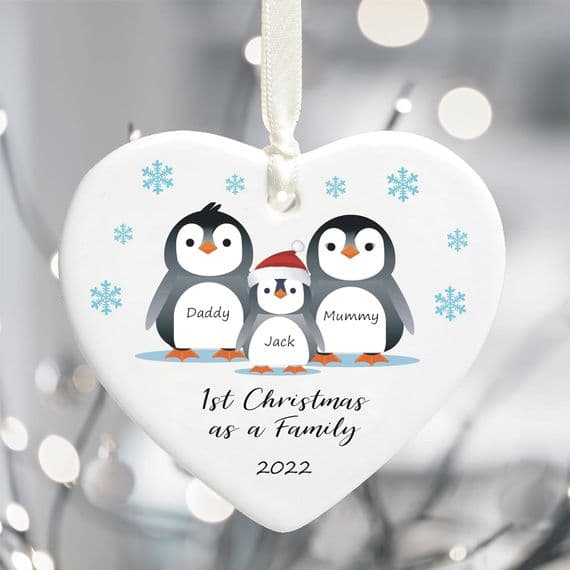 First Christmas Penguin Family New Parents Heart Tree Decoration Bauble - New Mummy & Daddy Keepsake