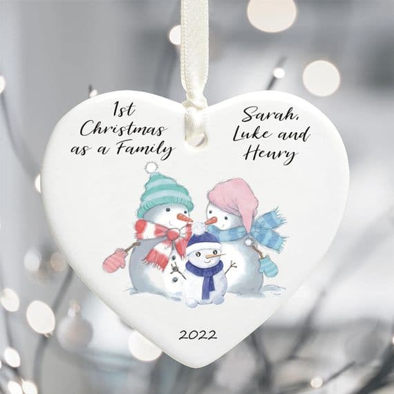 First Christmas Snowman Family New Parents Heart Tree Decoration Bauble - New Mummy & Daddy Keepsake