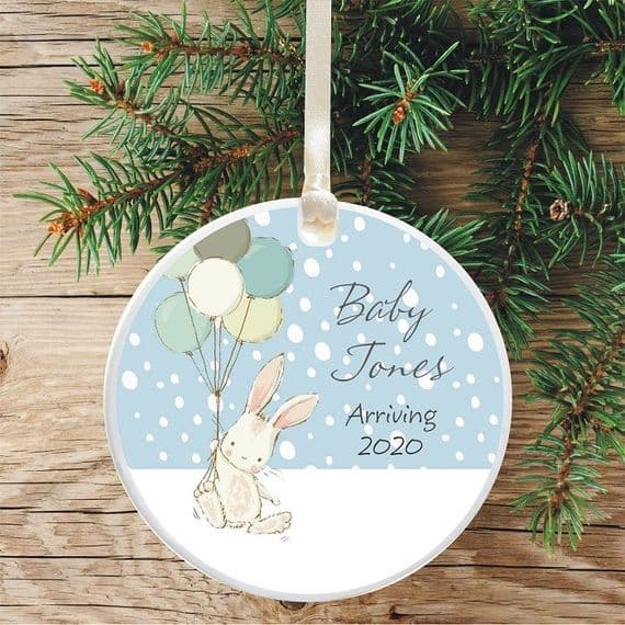 New Baby Arrival Keepsake Christmas Tree Decoration - Cute Bunny and Balloons Design