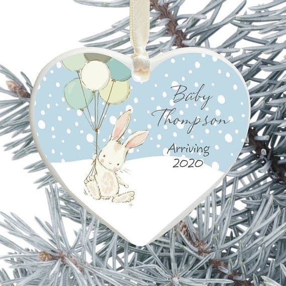 New Baby Arrival Keepsake Heart Christmas Tree Decoration - Cute Bunny and Balloons Design