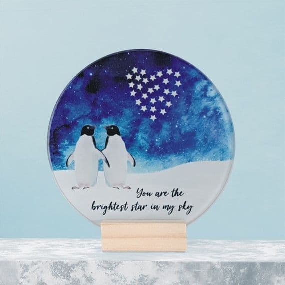 Penguins Under a Heart Constellation Night Sky Circular Glass Tile