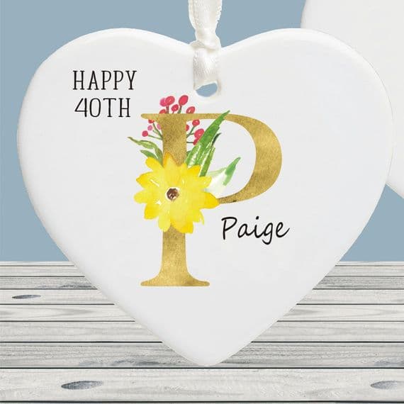 Personalised Milestone 40th Birthday Gold Initial Ceramic Heart Decoration Keepsake