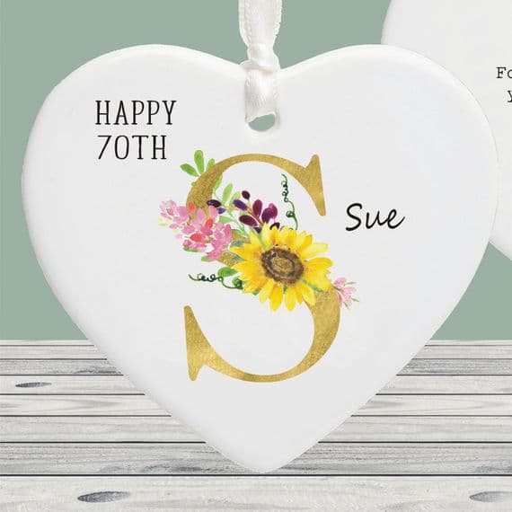 Personalised Milestone 70th Birthday Gold Initial Ceramic Heart Decoration Keepsake