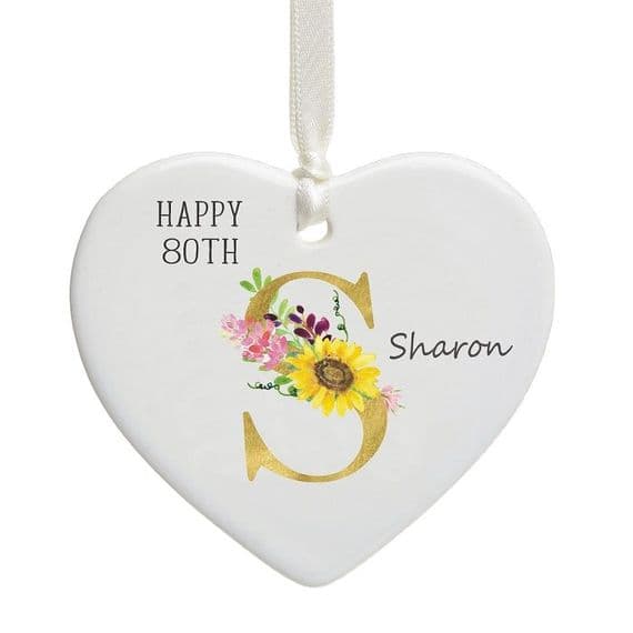 Personalised Milestone 80th Birthday Gold Initial Ceramic Heart Decoration Keepsake