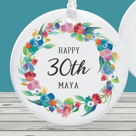 Personalised Milestone Bright Flowers Wreath 30th Birthday Ceramic Decoration Keepsake Gift