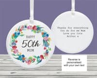 Personalised Milestone Bright Flowers Wreath 50th Birthday Ceramic Decoration Keepsake Gift