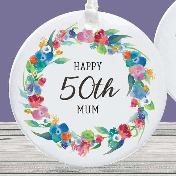 Personalised Milestone Bright Flowers Wreath 50th Birthday Ceramic Decoration Keepsake Gift