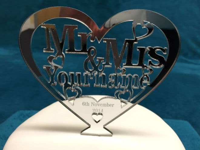 Personalised Mr & Mrs Heart Cake Topper 12.5cm x 12cm - choose from Mirror, Clear or Black