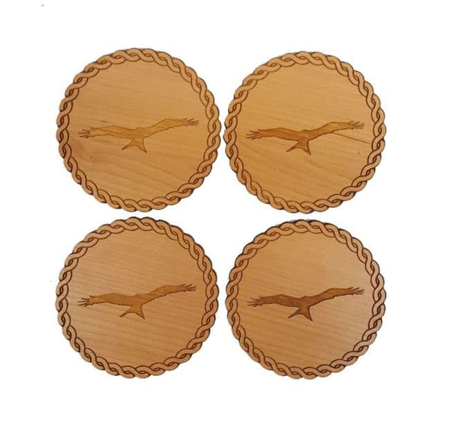 Red Kite Engraved Set of 4 Coasters - Maple or Cherry Veneer
