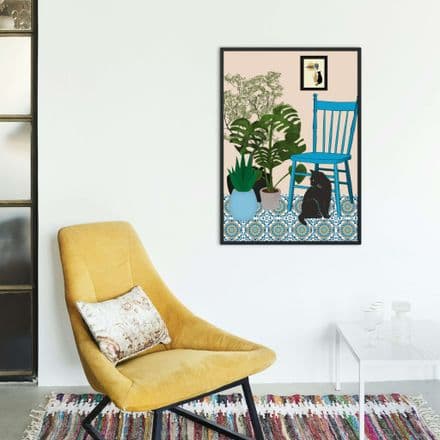 Art Print - Black Cat on a Blue Tiled Floor