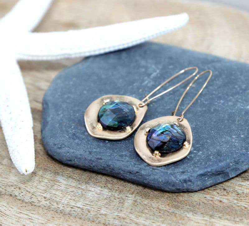 Artisan style gold and abalone drop earrings