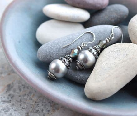 Bali Silver and Swarovski Pearl Earrings